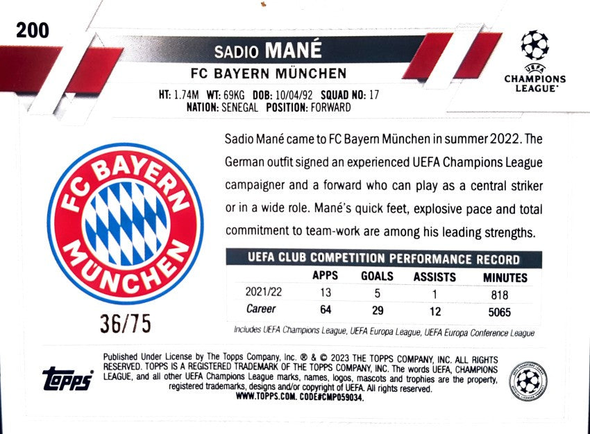 200 Sadio Mané Bayern München Topps Flagship 2022-23 Limited Edition 36/75