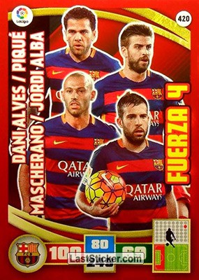 420 · Dani Alves - Piqué - Mascherano - Jordi Alba · F.C. Barcelona · Fuerza 4 - Panini Adrenalyn XL Liga BBVA 2015-16