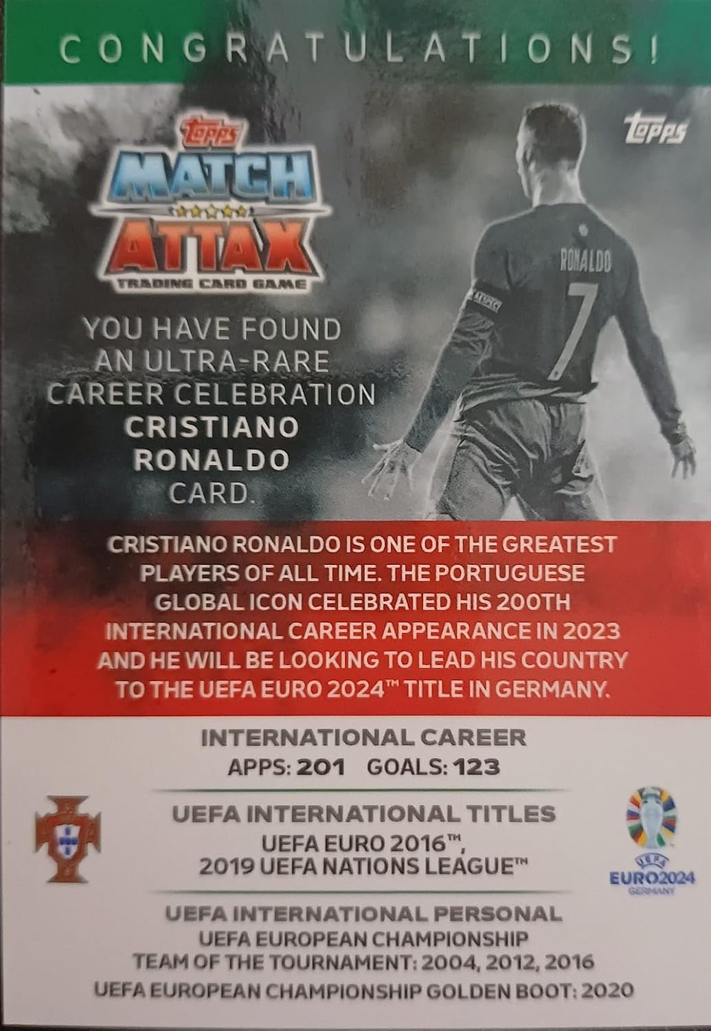 Carta Ultra Rara Cristiano Ronaldo Topps Match Attax UEFA Euro 2024 – Career Celebration #CRCC "The SIUUU" (Año 2024)
