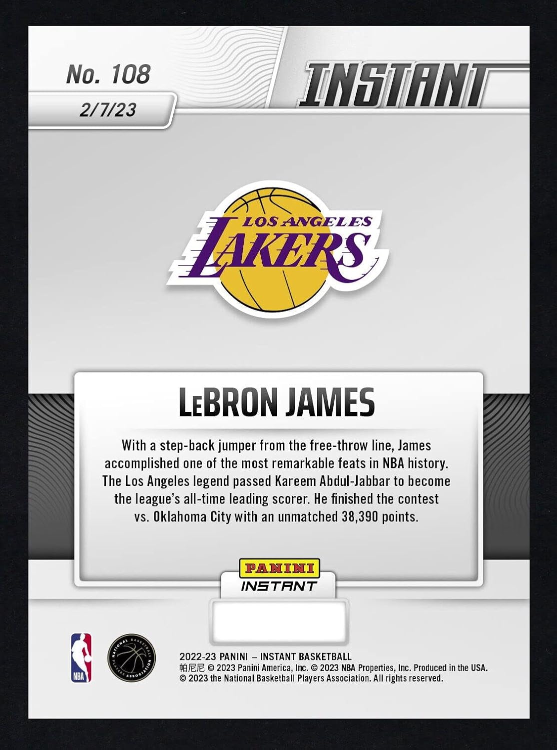 Carta LeBron James Panini Instant Basketball 2022/23 – Edición Limitada Récord Máximo Anotador Histórico NBA #108 (Año 2023)