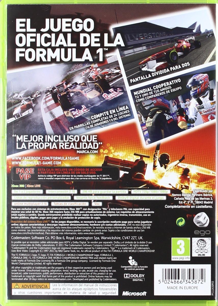 F1 2011 (Xbox 360) – Videojuego Físico NUEVO Y PRECINTADO – Simulador de Fórmula 1 de Codemasters (2011)