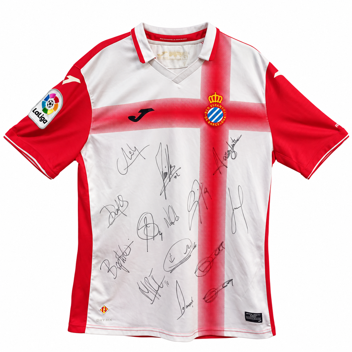 Camiseta Joma RCD Espanyol 2015/16 Talla L Segunda Equipación Blanca Cruz Roja – JUGUETE USADO CON FIRMAS (Sergio García, Caicedo, Asensio, etc.)