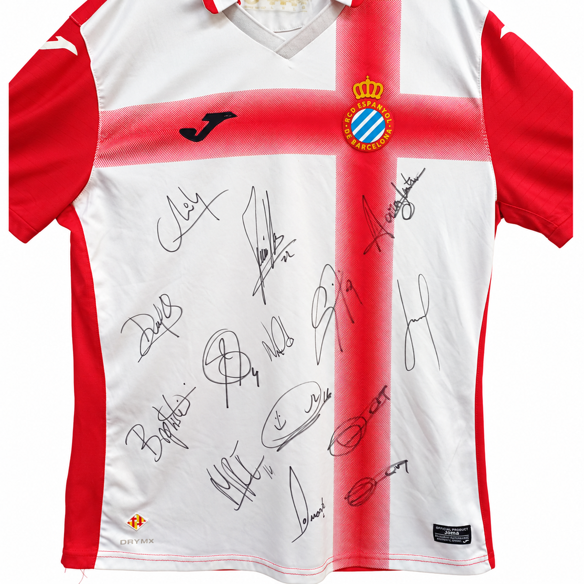 Camiseta Joma RCD Espanyol 2015/16 Talla L Segunda Equipación Blanca Cruz Roja – JUGUETE USADO CON FIRMAS (Sergio García, Caicedo, Asensio, etc.)