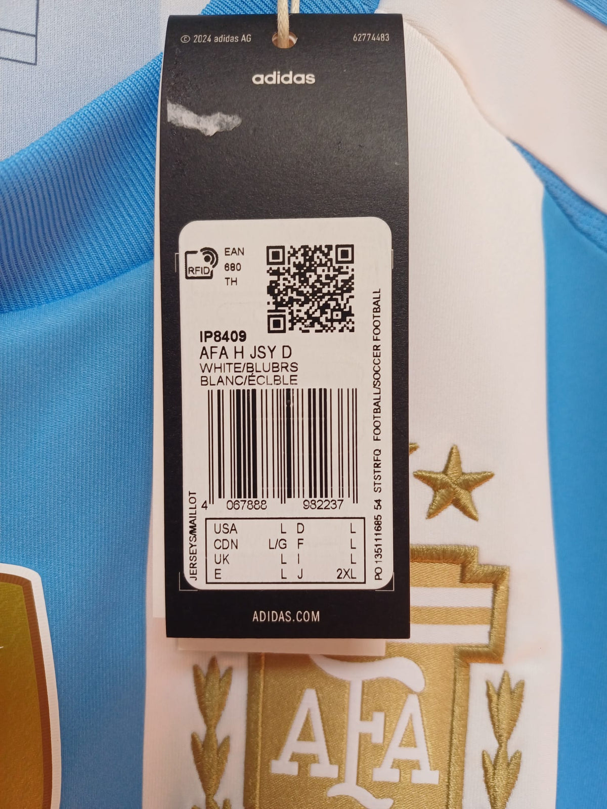Camiseta Argentina Local Copa América 2024 Adidas Messi #10 Talla L (76 cm Largo) - Código Original IP8409