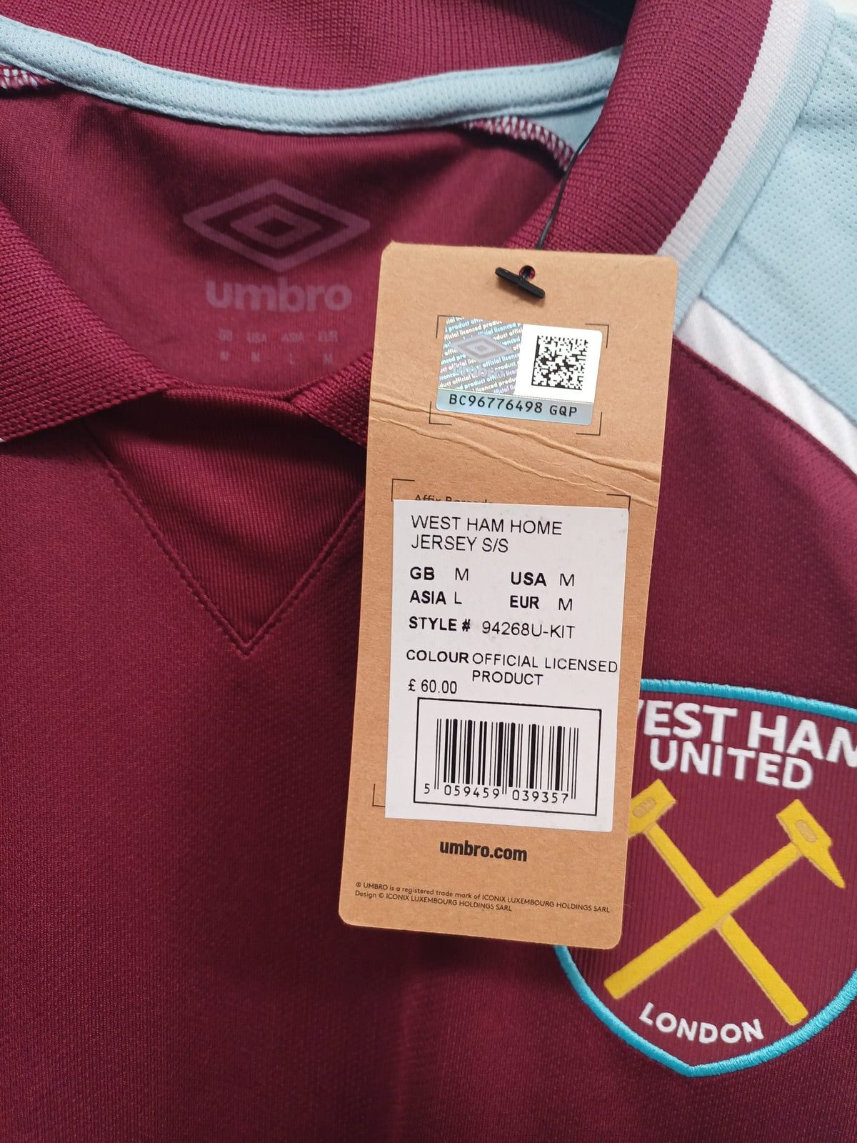 Camiseta West Ham Local 2021/2022 Umbro Bowen #20 Talla M (74 cm Largo) - Código Original 94268U-KIT