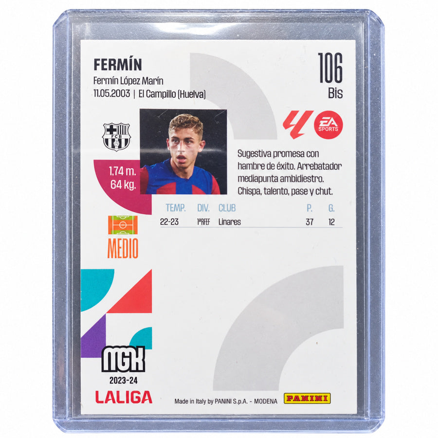 Carta Panini Megacracks LaLiga 2023/24: Fermín López Rookie Card Ficha Bis #106 Bis (FC Barcelona)