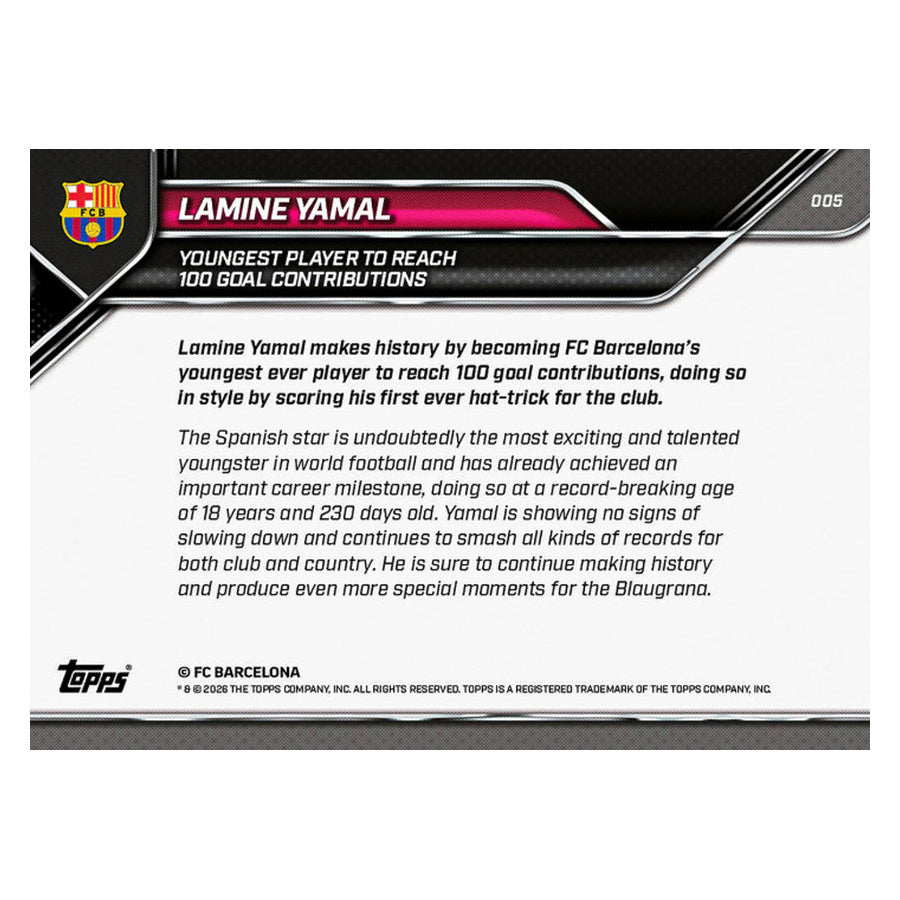 Lamine Yamal Topps Now FC Barcelona Card – Historic Record 100 Goal Contributions #005 (Year 2026)