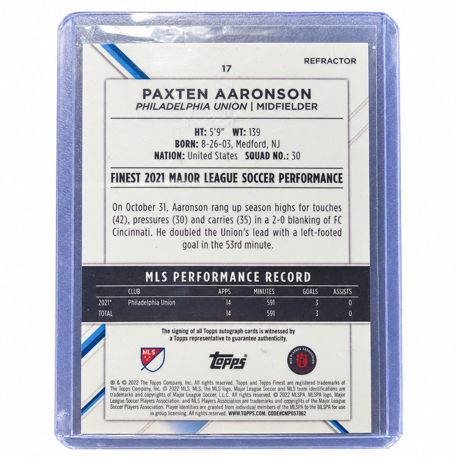 Carta Topps Finest MLS 2022: Paxten Aaronson Autograph Refractor Card #17 (Philadelphia Union)